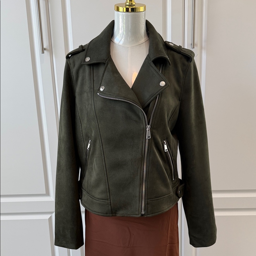 Loft Women's Olive Faux Suede Moto Jacket - Classic Asymmetric Zip